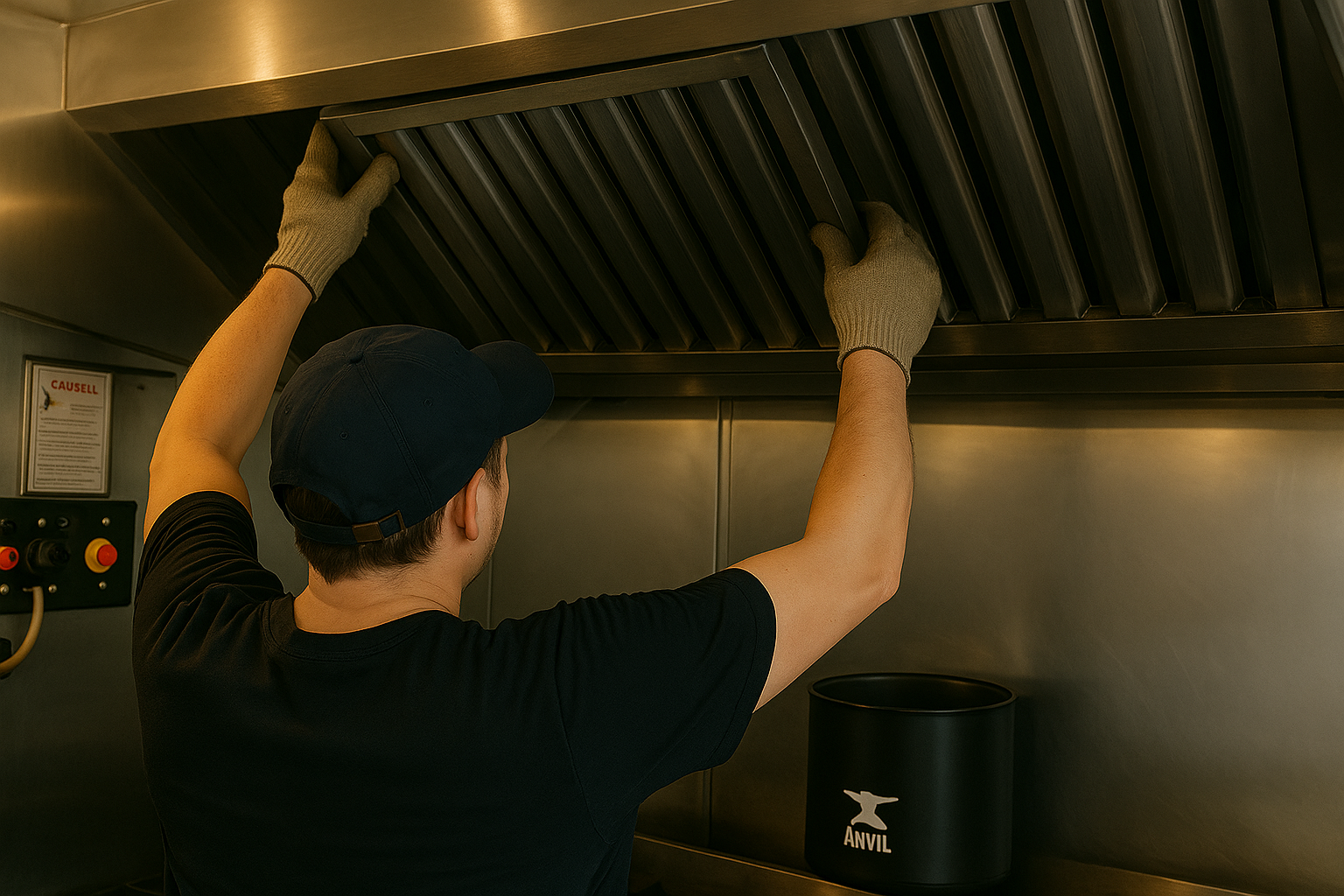 20250508_1353_Kitchen Ventilation Maintenance_remix_01jtrtpvkxe95se03sm9hhc8t5 A Filta Kleen Technician Swap out old grease filters for new ones